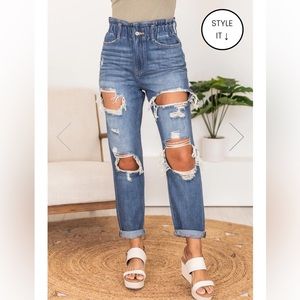 KRISTEN MEDIUM WASH PAPERBAG WAIST DISTRESSED MOM JEANS from PINK LILY by KANCAN